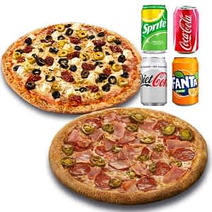 Deal 2xPizza 12″ + 4 Cans + 1 Free Garlic Cheese Bread